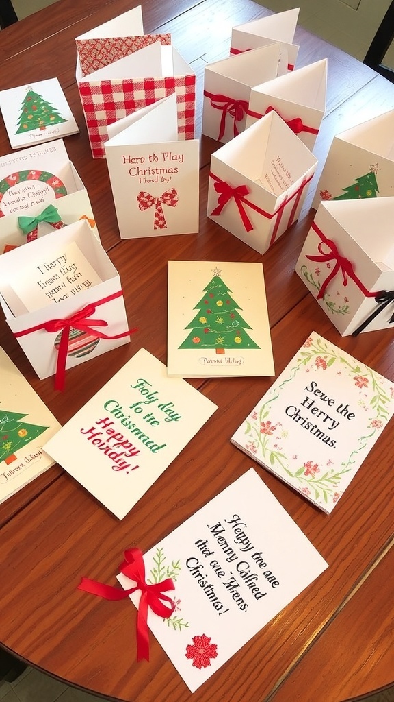 A variety of homemade Christmas cards with festive designs and messages, displayed on a rustic wooden table.